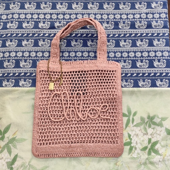 Chloe Handbags - Chloe Blush Pink Crochet Tote with Logo Script